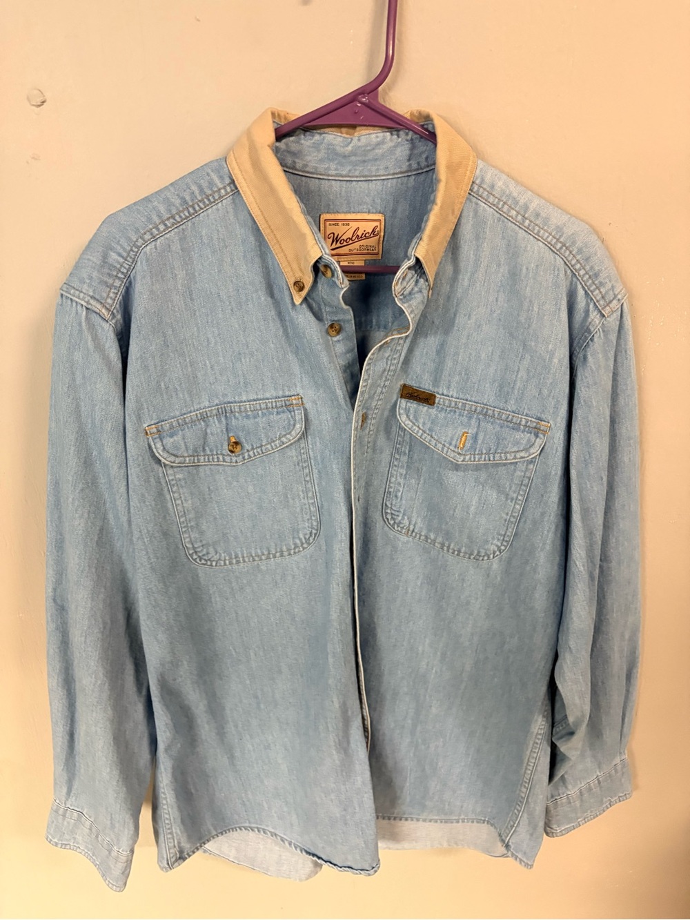 Woolrich Men's Large Light Blue Denim Work Shirt Jacket with Contrast Collar
